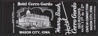 Vintage matchbook cover HOTEL CERRO GORDO Mason City Iowa salesman sample