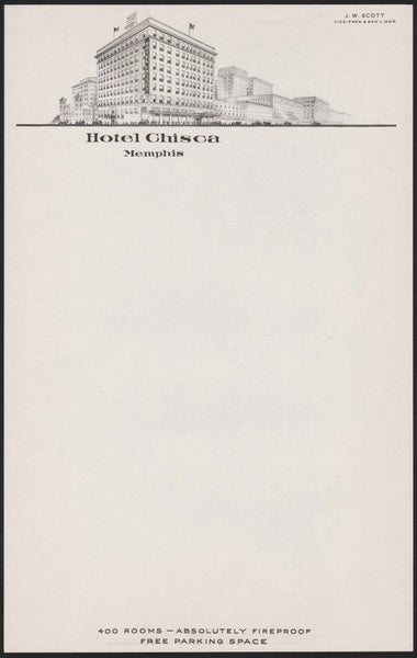 Vintage letterhead HOTEL CHISCA old hotel pictured J W Scott Memphis Tennessee n-mint+