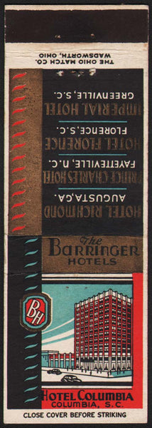 Vintage matchbook cover HOTEL COLUMBIA Barringer Hotels Columbia South Carolina