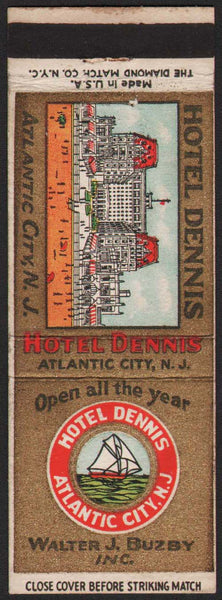 Vintage matchbook cover HOTEL DENNIS early beach scene Atlantic City New Jersey