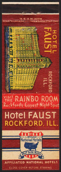 Vintage matchbook cover HOTEL FAUST Rainbo Room hotel pictured Rockford Illinois