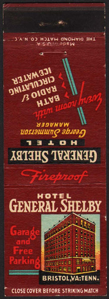 Vintage matchbook cover HOTEL GENERAL SHELBY old hotel pictured Bristol VA Tennessee