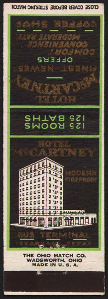 Vintage matchbook cover HOTEL McCARTNEY old hotel pictured Texarkana Texas