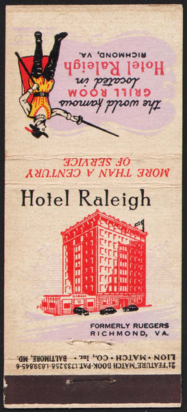 Vintage matchbook cover HOTEL RALEIGH Grill Room old hotel pictured Richmond Virginia