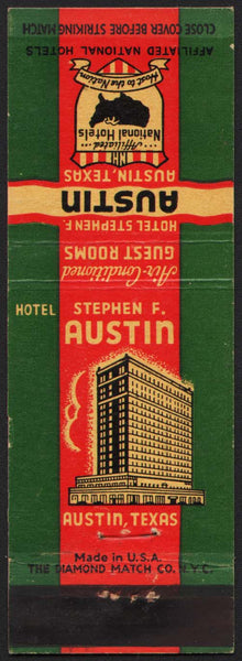 Vintage matchbook cover HOTEL STEPHEN F AUSTIN old hotel pictured Austin Texas