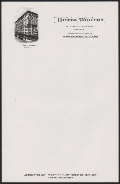 Vintage letterhead HOTEL WORTHY early hotel pictured Springfield Massachusetts n-mint+