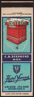 Vintage matchbook cover HOTEL YANCEY Grand Island Nebraska C B Stephens Manager