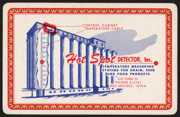 Vintage playing card HOT SPOT DETECTOR INC grain bins pictured Des Moines Iowa