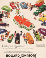 Vintage magazine ad HOWARD JOHNSON'S from 1954 cartoon cars around restaurant