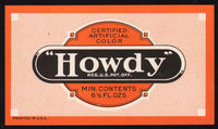 Vintage soda pop bottle label HOWDY 6 1/2oz size unused new old stock n-mint+