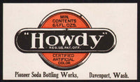 Vintage soda pop bottle label HOWDY Davenport Washington unused new old stock