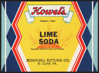 Vintage soda pop bottle label HOWELS LIME SODA St Clair PA unused new old stock