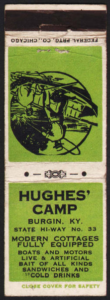 Vintage matchbook cover HUGHES CAMP Hi-Way 33 men fishing picture Burgin Kentucky