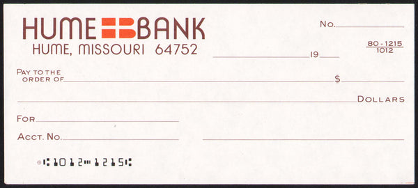 Vintage bank check HUME BANK from Hume Missouri unused new old stock condition