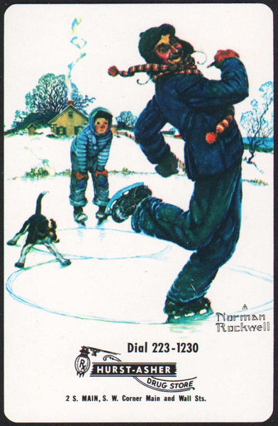 Vintage playing card HURST ASHER DRUG STORE skating Norman Rockwell Ft Scott KS