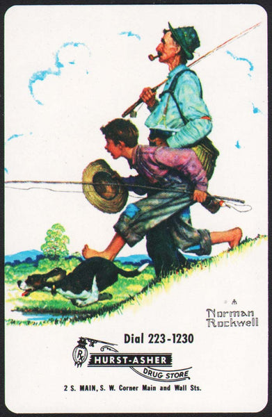 Vintage playing card HURST ASHER DRUG STORE fishing Norman Rockwell Ft –  Mistercola