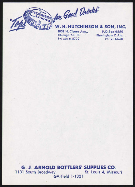 Vintage note sheet HUTCHINSON CROWNS bottle caps Bottlers Supplies St Louis MO