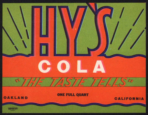 Vintage soda pop bottle label HYS COLA Oakland California unused new old stock