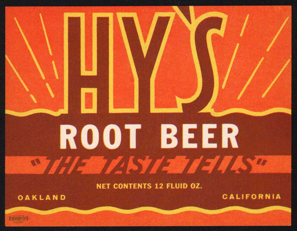 Vintage soda pop bottle label HYS ROOT BEER Oakland California unused n-mint+