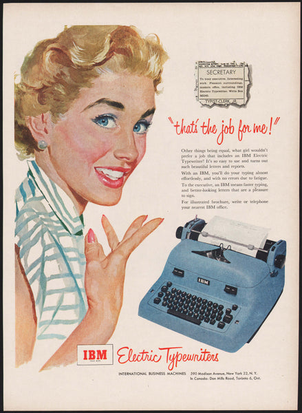 Vintage magazine ad IBM ELECTRIC TYPEWRITERS 1953 woman and blue typewriter pictured