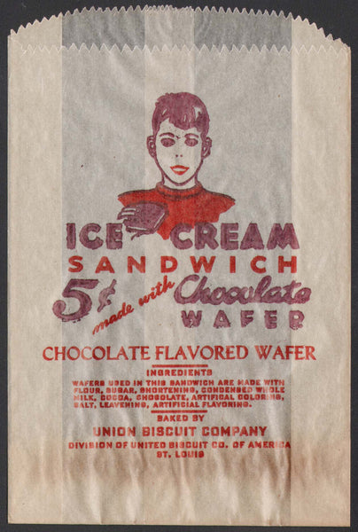 Vintage bag ICE CREAM SANDWICH 5 cents boy pictured Union Biscuit Co St Louis MO