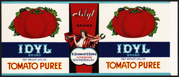 Vintage label IDYL TOMATO PUREE woman pictured Schmidt Covington Kentucky n-mint