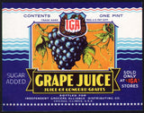 Vintage label IGA GRAPE JUICE grapes pictured Independent Grocers Chicago n-mint