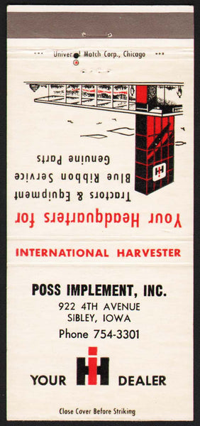 Vintage matchbook cover IH INTERNATIONAL HARVESTER Poss Implement Sibley Iowa