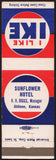 Vintage matchbook cover I LIKE IKE Sunflower Hotel R R Biggs Mgr Abilene Kansas