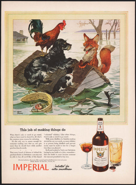 Vintage magazine ad IMPERIAL WHISKEY 1944 rooster fox dog cat Albert Staehle art