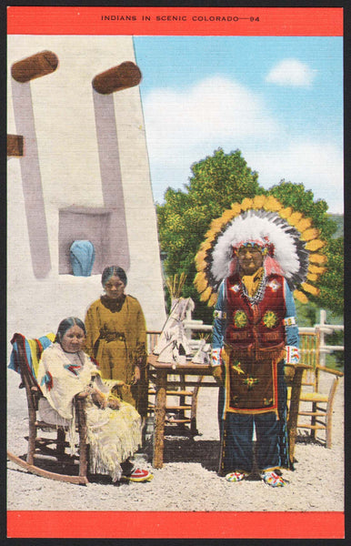 Vintage postcard INDIANS in SCENIC COLORADO picturing a chief linen type unused