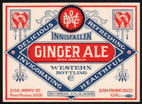 Vintage soda pop bottle label INNISFALLEN GINGER ALE San Francisco California