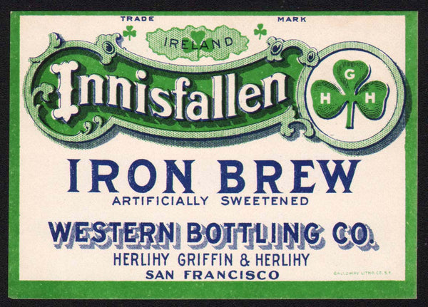 Vintage soda pop bottle label INNISFALLEN IRON BREW San Francisco California