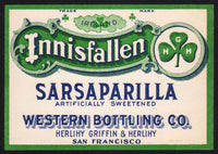 Vintage soda pop bottle label INNISFALLEN SARSAPARILLA San Francisco California