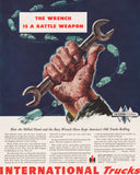 Vintage magazine ad INTERNATIONAL TRUCKS IH 1945 Wrench Weapon Lloyd R Jones art