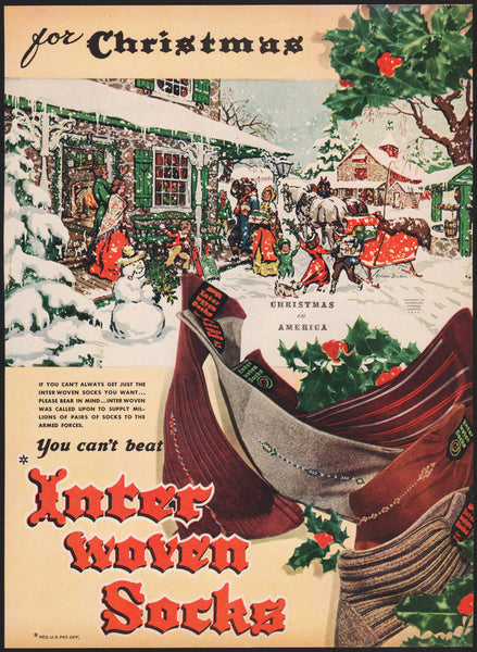 Vintage magazine ad INTERWOVEN SOCKS from 1945 Christmas scene Conrad Dickel art