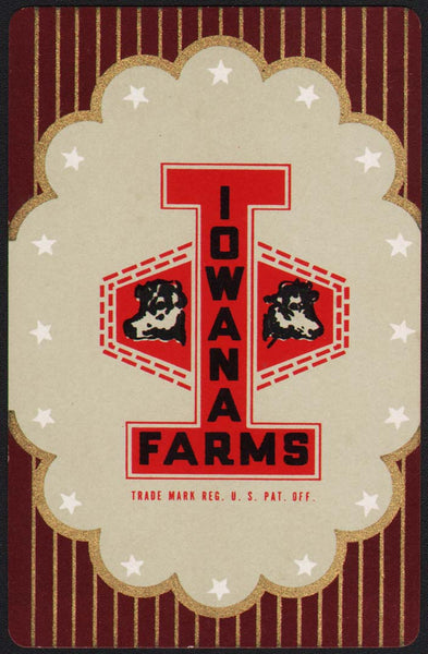 Vintage playing card IOWANA FARMS maroon background cows pictured Davenport Iowa