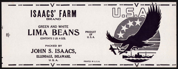 Vintage label ISAACS FARM LIMA BEANS screaming eagle Ellendale Delaware n-mint+