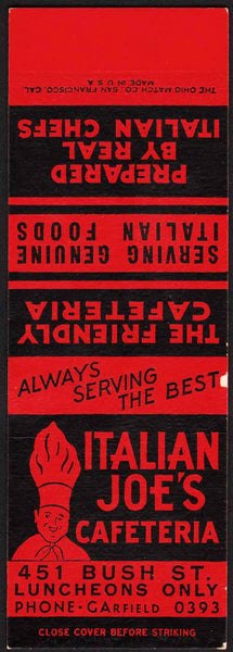 Vintage matchbook cover ITALIAN JOES CAFETERIA San Francisco CA salesman sample