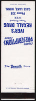 Vintage matchbook cover IVERS REXALL DRUG Cigars Candy from Cass Lake Minnesota