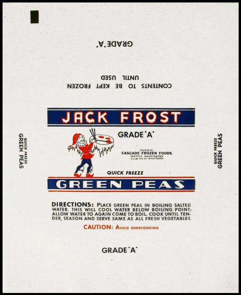 Vintage wrapper JACK FROST GREEN PEAS gnome pictured Seattle Washington new old stock