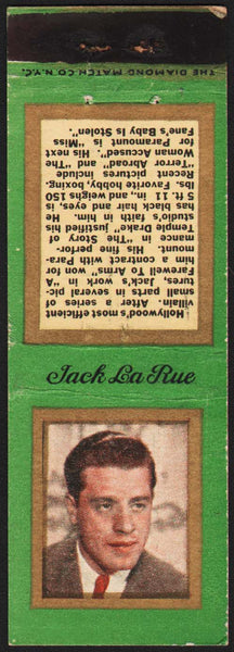 Vintage matchbook cover JACK LA RUE actor pictured with bio The Diamond Match Co