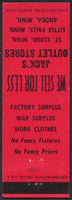 Vintage matchbook cover JACKS OUTLET STORES St Cloud Little Falls Anoka Minnesota