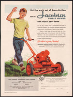 Vintage magazine ad JACOBSEN POWER MOWER 1950 boy pushing mower Redell artwork
