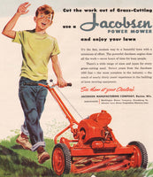 Vintage magazine ad JACOBSEN POWER MOWER 1950 boy pushing mower Redell artwork