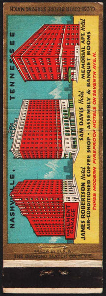 Vintage matchbook cover JAMES ROBERTSON HOTEL Sam Davis Memorial Apt full length Nashville
