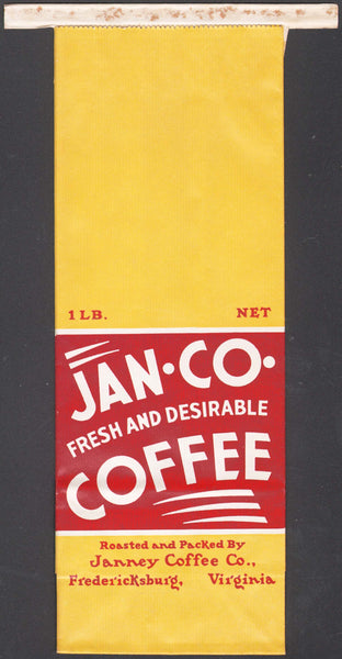 Vintage bag JAN CO COFFEE 1lb Janney Fredericksburg Virginia unused n-mint condition