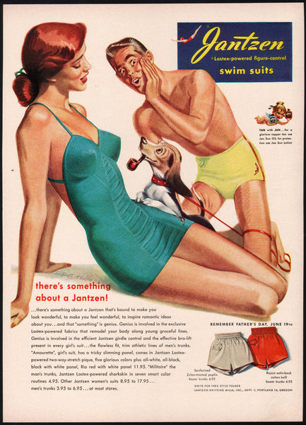 Vintage magazine ad JANTZEN swim suits 1949 Pete Hawley art woman man and dog