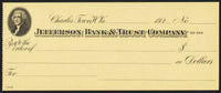 Vintage bank check JEFFERSON BANK and TRUST Thomas Jefferson pictured Charles Town WV