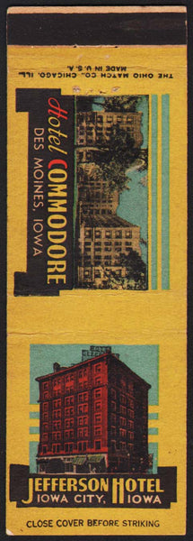Vintage matchbook cover JEFFERSON HOTEL Iowa City and Hotel Commodore Des Moines